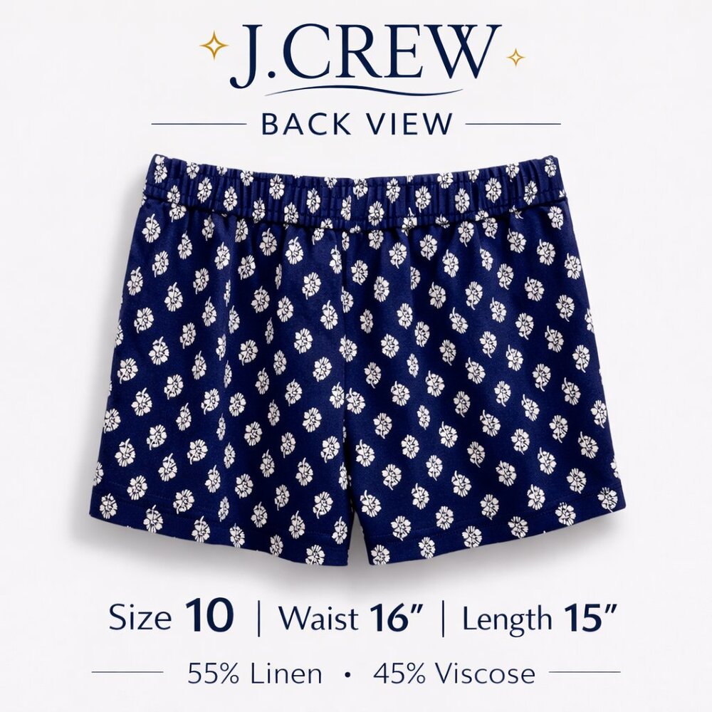 J.Crew Women’s Linen Blend Shorts Size 10 Navy White Floral Elastic Waist Summer - Picture 2 of 9